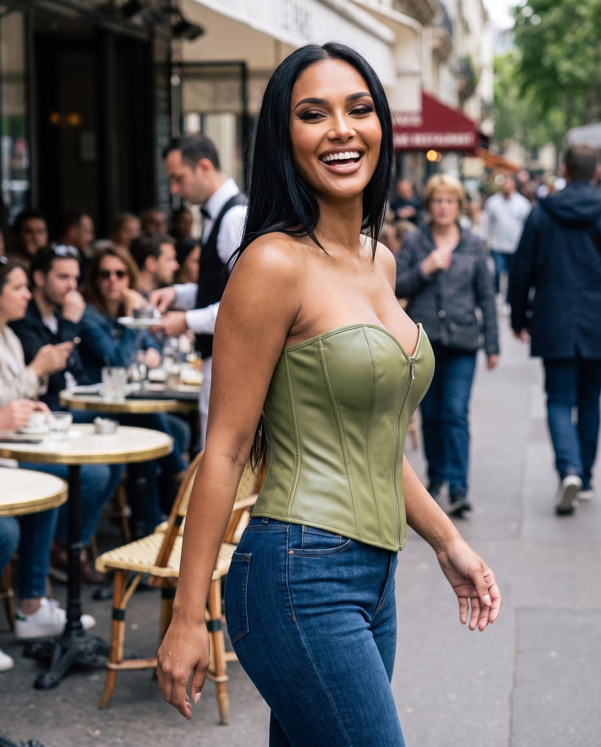 Nyx Corset Top in Grass Green – lifestyle | SKU: SOR-NYX-OLV-XS,SOR-NYX-OLV-S,SOR-NYX-OLV-M,SOR-NYX-OLV-L,SOR-NYX-OLV-XL