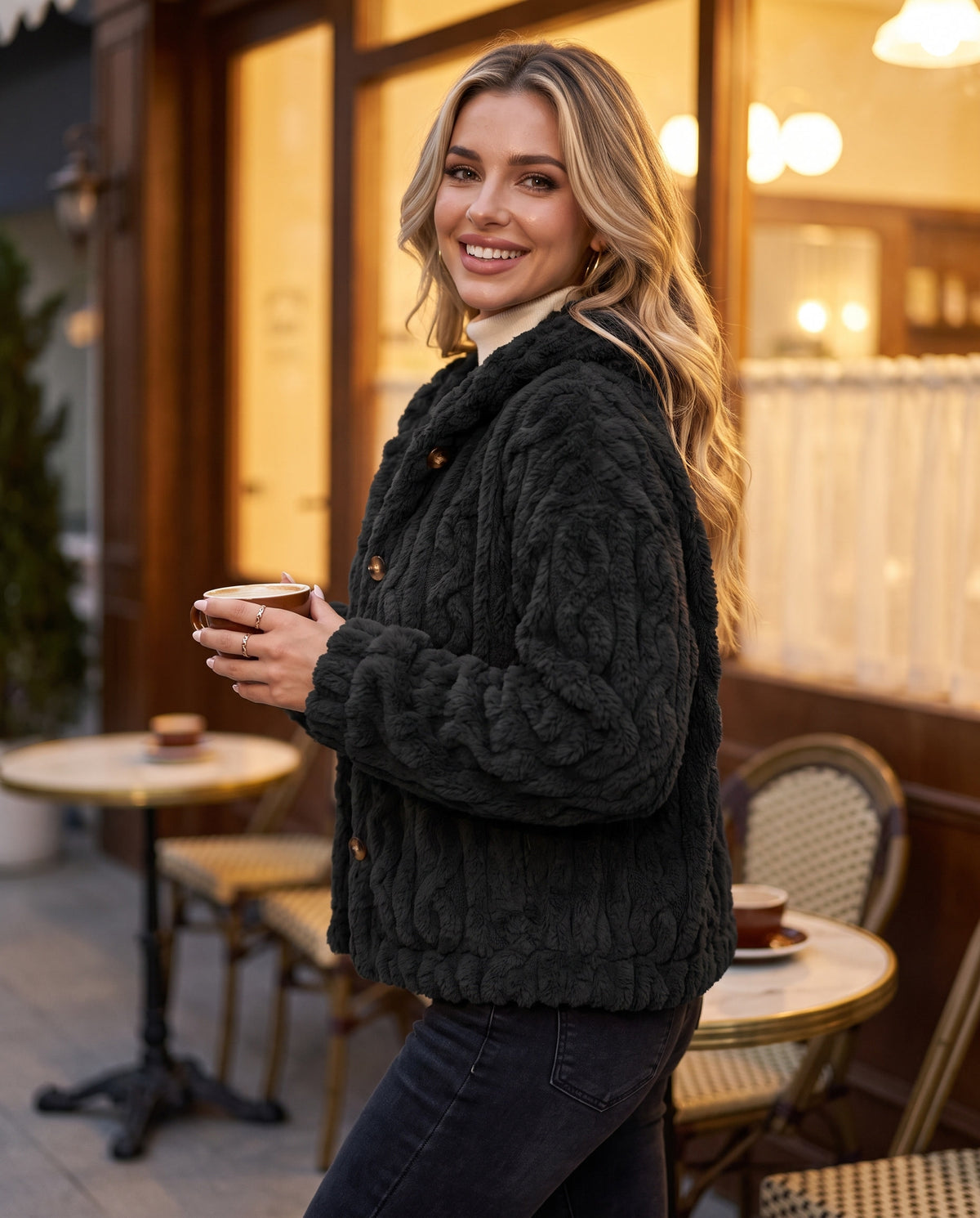 Odelle Plush Jacket in Black – worn outside a café | SKU: SOR-ODELLE-BLA-XS,SOR-ODELLE-BLA-S,SOR-ODELLE-BLA-M,SOR-ODELLE-BLA-L,SOR-ODELLE-BLA-XL
