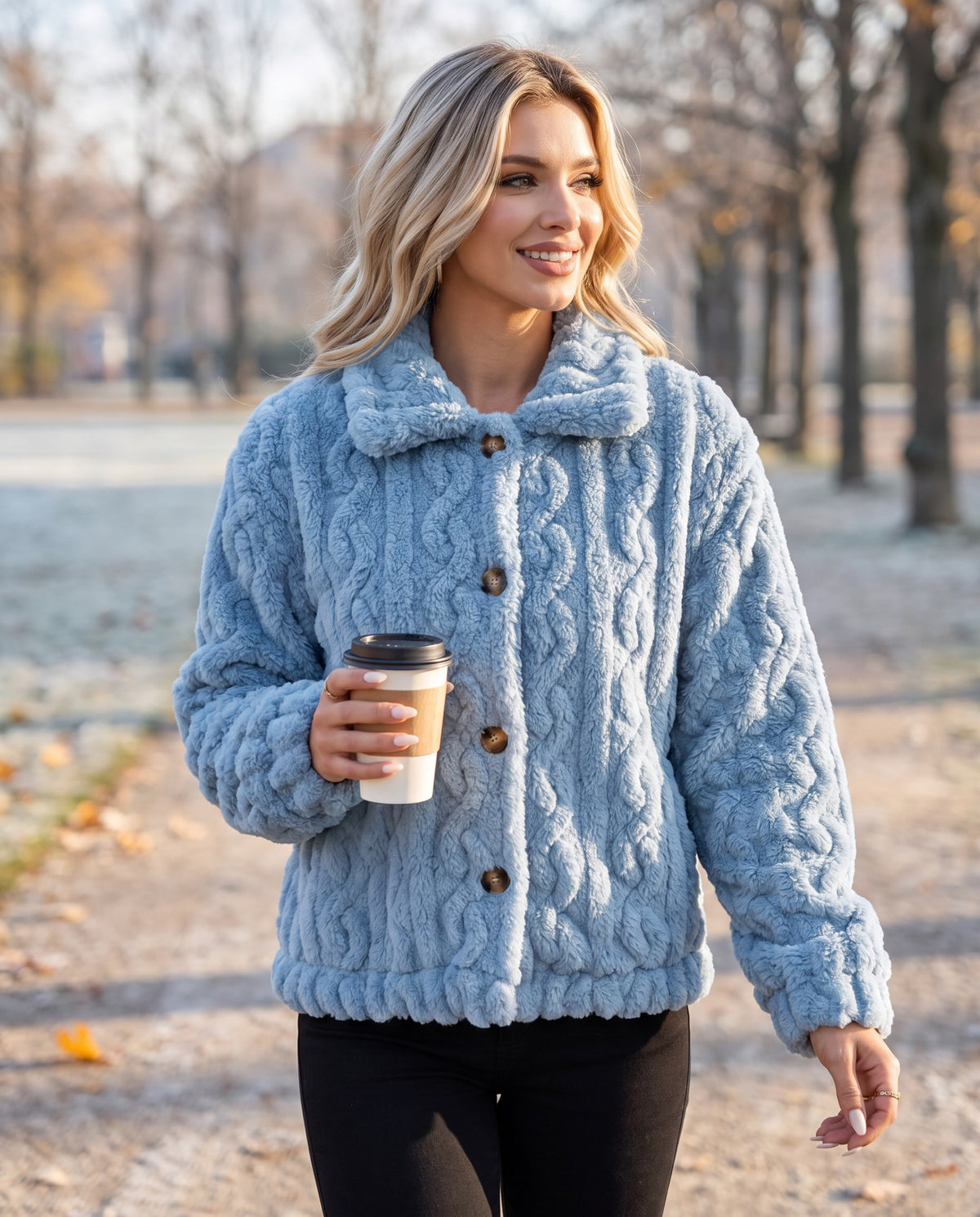 Odelle Plush Jacket in Blue – worn in a winter park | SKU: SOR-ODELLE-BLU-XS,SOR-ODELLE-BLU-S,SOR-ODELLE-BLU-M,SOR-ODELLE-BLU-L,SOR-ODELLE-BLU-XL