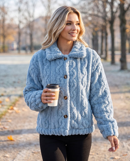 Odelle Plush Jacket in Blue – worn in a winter park | SKU: SOR-ODELLE-BLU-XS,SOR-ODELLE-BLU-S,SOR-ODELLE-BLU-M,SOR-ODELLE-BLU-L,SOR-ODELLE-BLU-XL