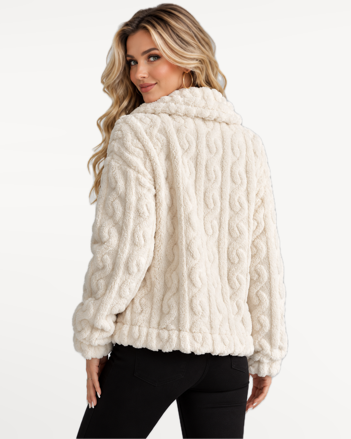 Odelle Plush Jacket in White – back view | SKU: SOR-ODELLE-WHI-XS,SOR-ODELLE-WHI-S,SOR-ODELLE-WHI-M,SOR-ODELLE-WHI-L,SOR-ODELLE-WHI-XL