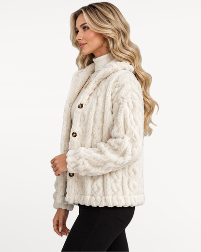 Odelle Plush Jacket in White – side view | SKU: SOR-ODELLE-WHI-XS,SOR-ODELLE-WHI-S,SOR-ODELLE-WHI-M,SOR-ODELLE-WHI-L,SOR-ODELLE-WHI-XL
