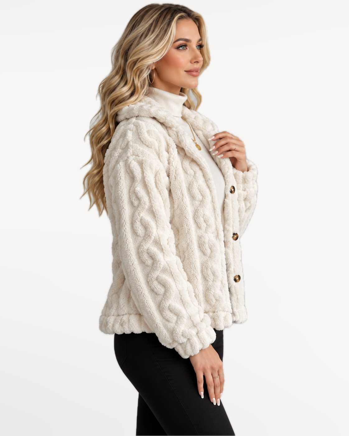 Odelle Plush Jacket in White – three-quarter view | SKU: SOR-ODELLE-WHI-XS,SOR-ODELLE-WHI-S,SOR-ODELLE-WHI-M,SOR-ODELLE-WHI-L,SOR-ODELLE-WHI-XL