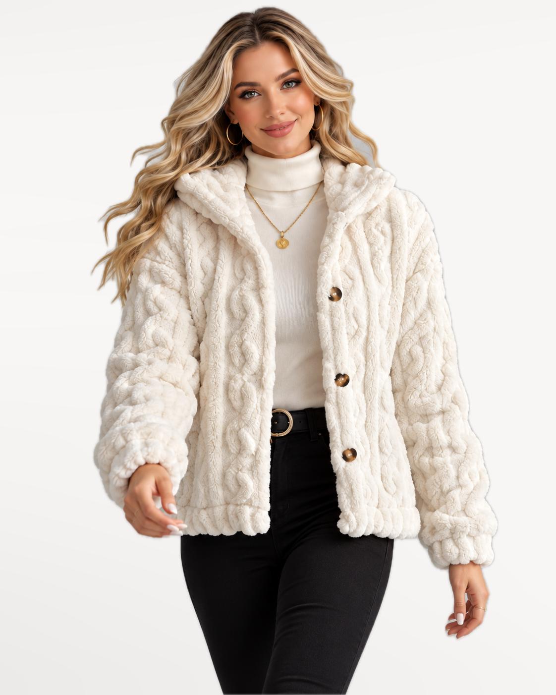 Odelle Plush Jacket in White – walking, front view | SKU: SOR-ODELLE-WHI-XS,SOR-ODELLE-WHI-S,SOR-ODELLE-WHI-M,SOR-ODELLE-WHI-L,SOR-ODELLE-WHI-XL