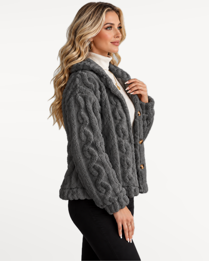 Odelle Plush Jacket in Gray – three-quarter view | SKU: SOR-ODELLE-GRA-XS,SOR-ODELLE-GRA-S,SOR-ODELLE-GRA-M,SOR-ODELLE-GRA-L,SOR-ODELLE-GRA-XL