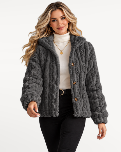 Odelle Plush Jacket in Gray – walking, front view | SKU: SOR-ODELLE-GRA-XS,SOR-ODELLE-GRA-S,SOR-ODELLE-GRA-M,SOR-ODELLE-GRA-L,SOR-ODELLE-GRA-XL