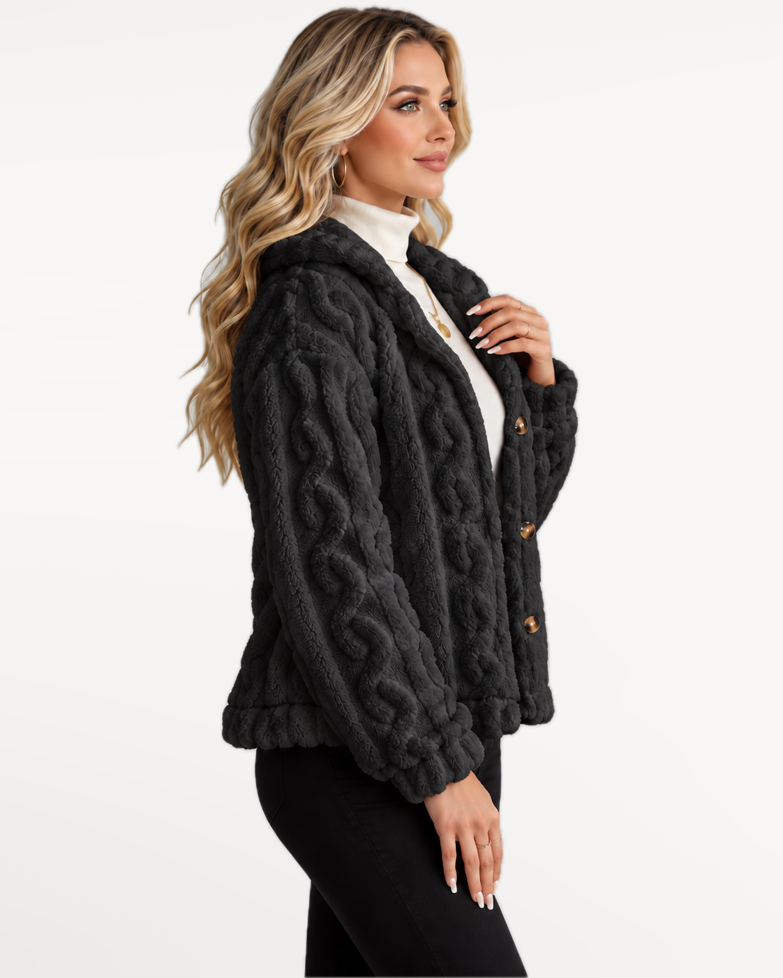Odelle Plush Jacket in Black – three-quarter view | SKU: SOR-ODELLE-BLA-XS,SOR-ODELLE-BLA-S,SOR-ODELLE-BLA-M,SOR-ODELLE-BLA-L,SOR-ODELLE-BLA-XL