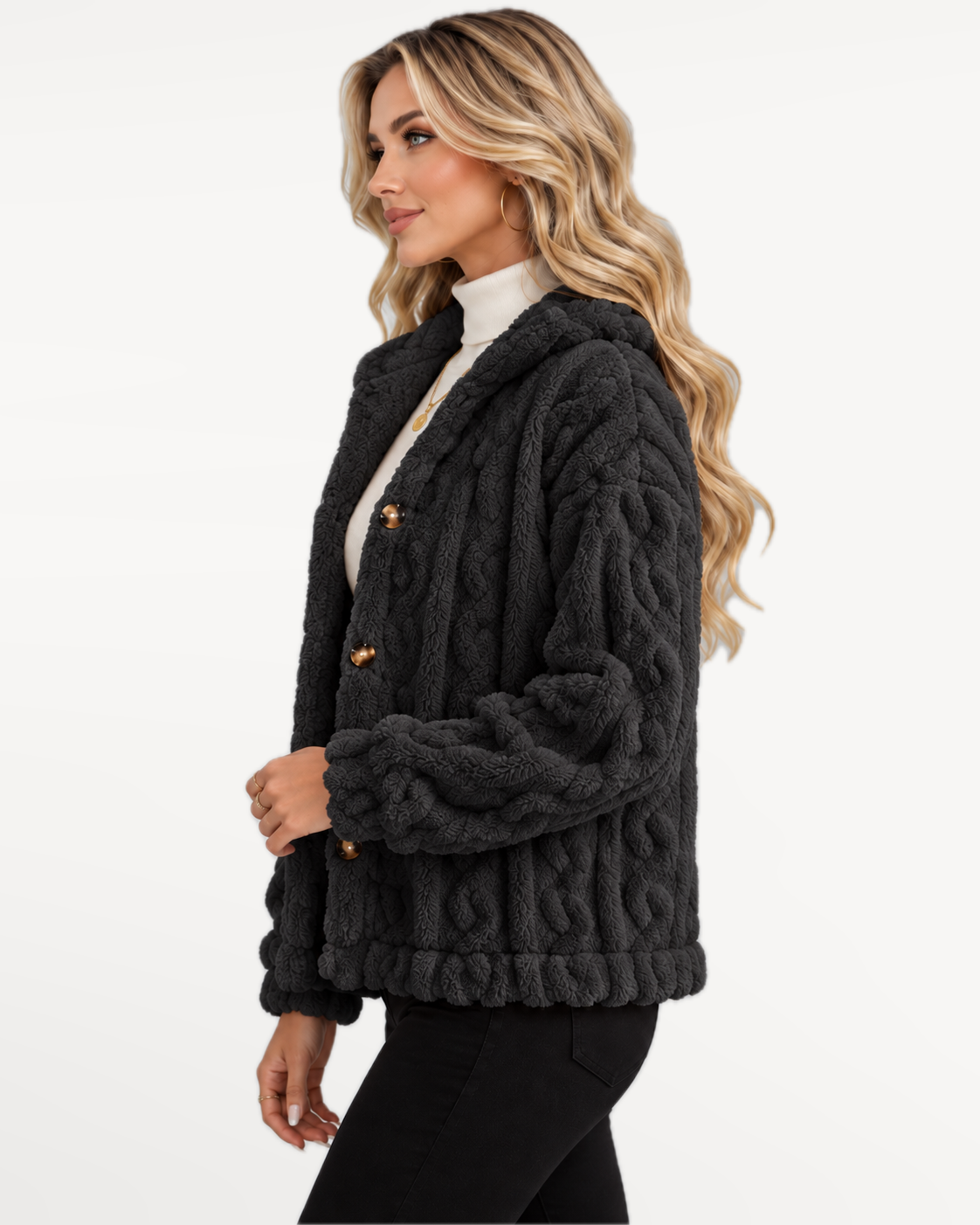 Odelle Plush Jacket in Black – side view | SKU: SOR-ODELLE-BLA-XS,SOR-ODELLE-BLA-S,SOR-ODELLE-BLA-M,SOR-ODELLE-BLA-L,SOR-ODELLE-BLA-XL
