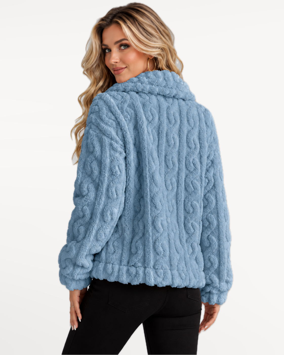 Odelle Plush Jacket in Blue – back view | SKU: SOR-ODELLE-BLU-XS,SOR-ODELLE-BLU-S,SOR-ODELLE-BLU-M,SOR-ODELLE-BLU-L,SOR-ODELLE-BLU-XL