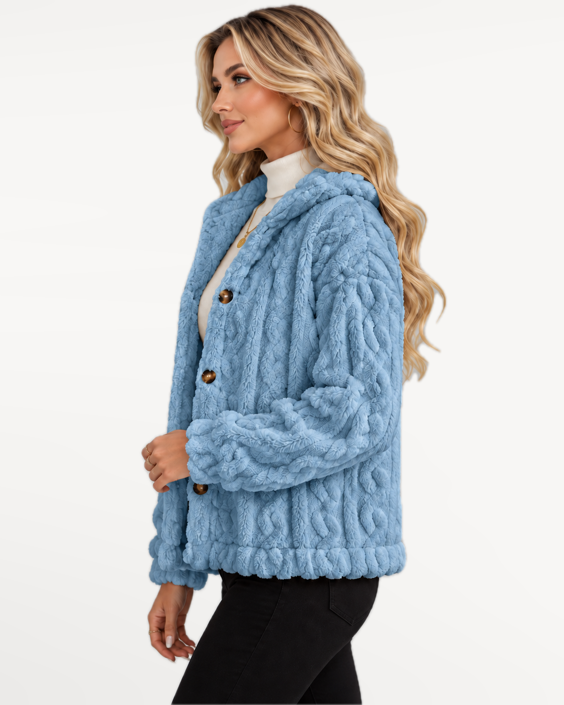Odelle Plush Jacket in Blue – side view | SKU: SOR-ODELLE-BLU-XS,SOR-ODELLE-BLU-S,SOR-ODELLE-BLU-M,SOR-ODELLE-BLU-L,SOR-ODELLE-BLU-XL