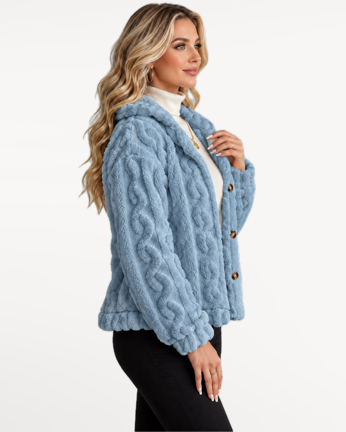Odelle Plush Jacket in Blue – three-quarter view | SKU: SOR-ODELLE-BLU-XS,SOR-ODELLE-BLU-S,SOR-ODELLE-BLU-M,SOR-ODELLE-BLU-L,SOR-ODELLE-BLU-XL