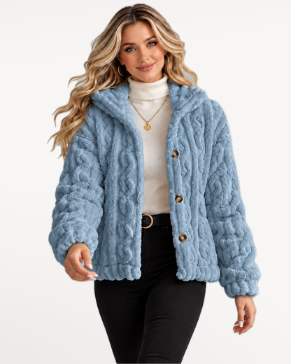 Odelle Plush Jacket in Blue – walking, front view | SKU: SOR-ODELLE-BLU-XS,SOR-ODELLE-BLU-S,SOR-ODELLE-BLU-M,SOR-ODELLE-BLU-L,SOR-ODELLE-BLU-XL