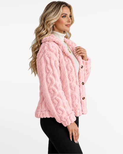 Odelle Plush Jacket in Pink – three-quarter view | SKU: SOR-ODELLE-PIN-XS,SOR-ODELLE-PIN-S,SOR-ODELLE-PIN-M,SOR-ODELLE-PIN-L,SOR-ODELLE-PIN-XL