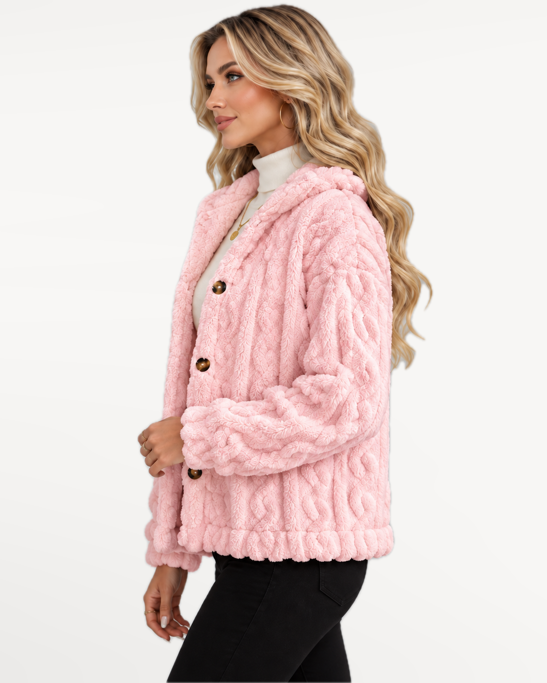 Odelle Plush Jacket in Pink – side view | SKU: SOR-ODELLE-PIN-XS,SOR-ODELLE-PIN-S,SOR-ODELLE-PIN-M,SOR-ODELLE-PIN-L,SOR-ODELLE-PIN-XL