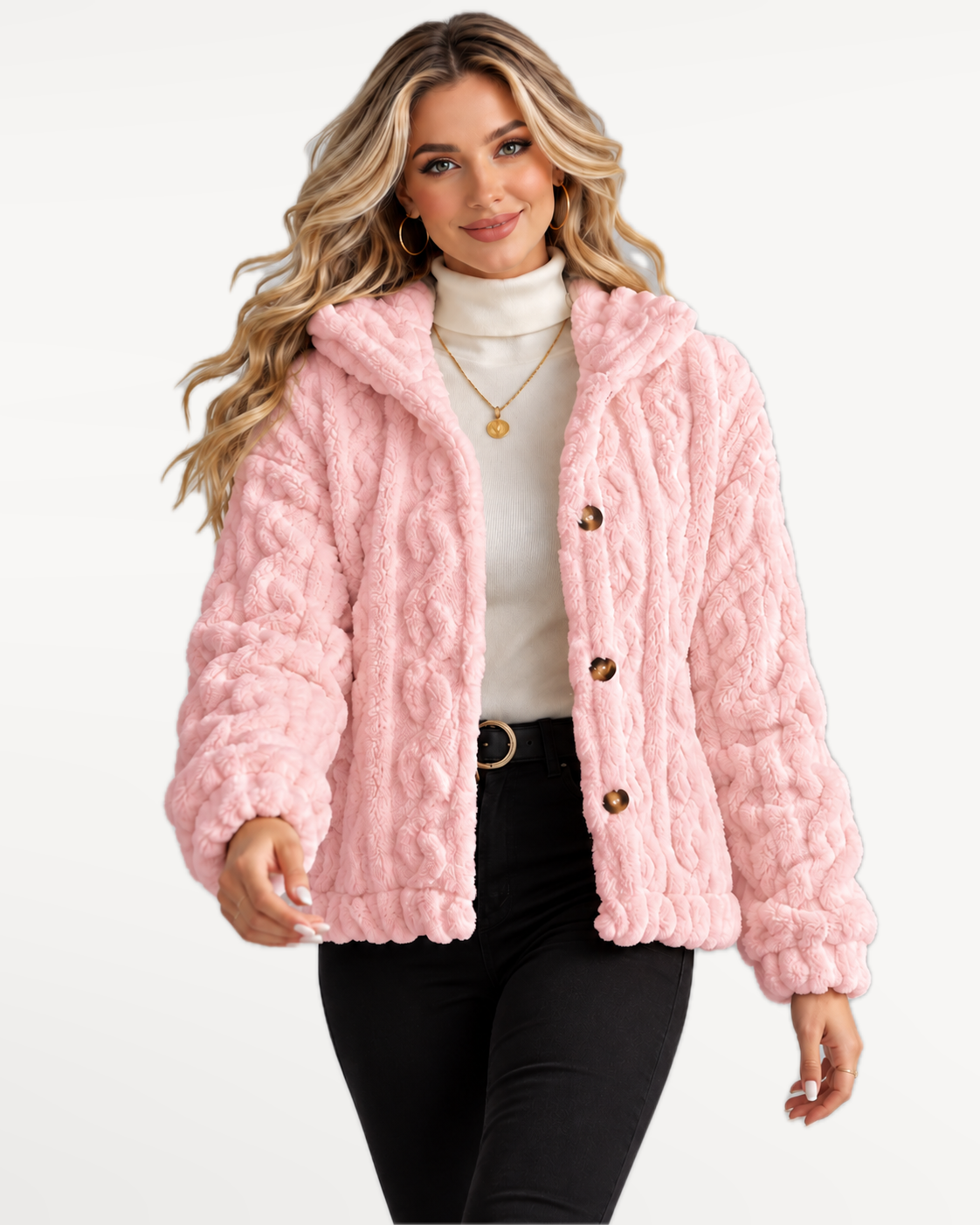 Odelle Plush Jacket in Pink – walking, front view | SKU: SOR-ODELLE-PIN-XS,SOR-ODELLE-PIN-S,SOR-ODELLE-PIN-M,SOR-ODELLE-PIN-L,SOR-ODELLE-PIN-XL