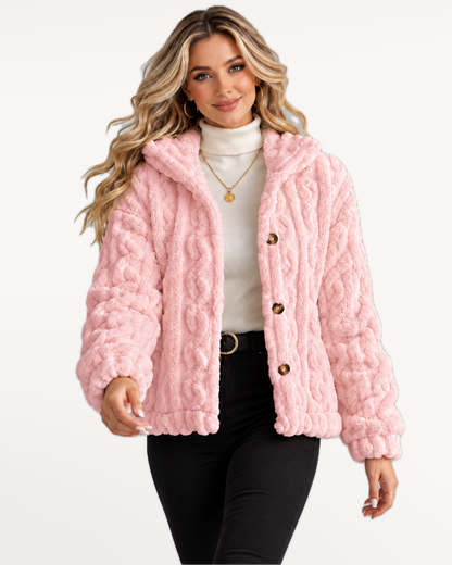 Odelle Plush Jacket in Pink – walking, front view | SKU: SOR-ODELLE-PIN-XS,SOR-ODELLE-PIN-S,SOR-ODELLE-PIN-M,SOR-ODELLE-PIN-L,SOR-ODELLE-PIN-XL