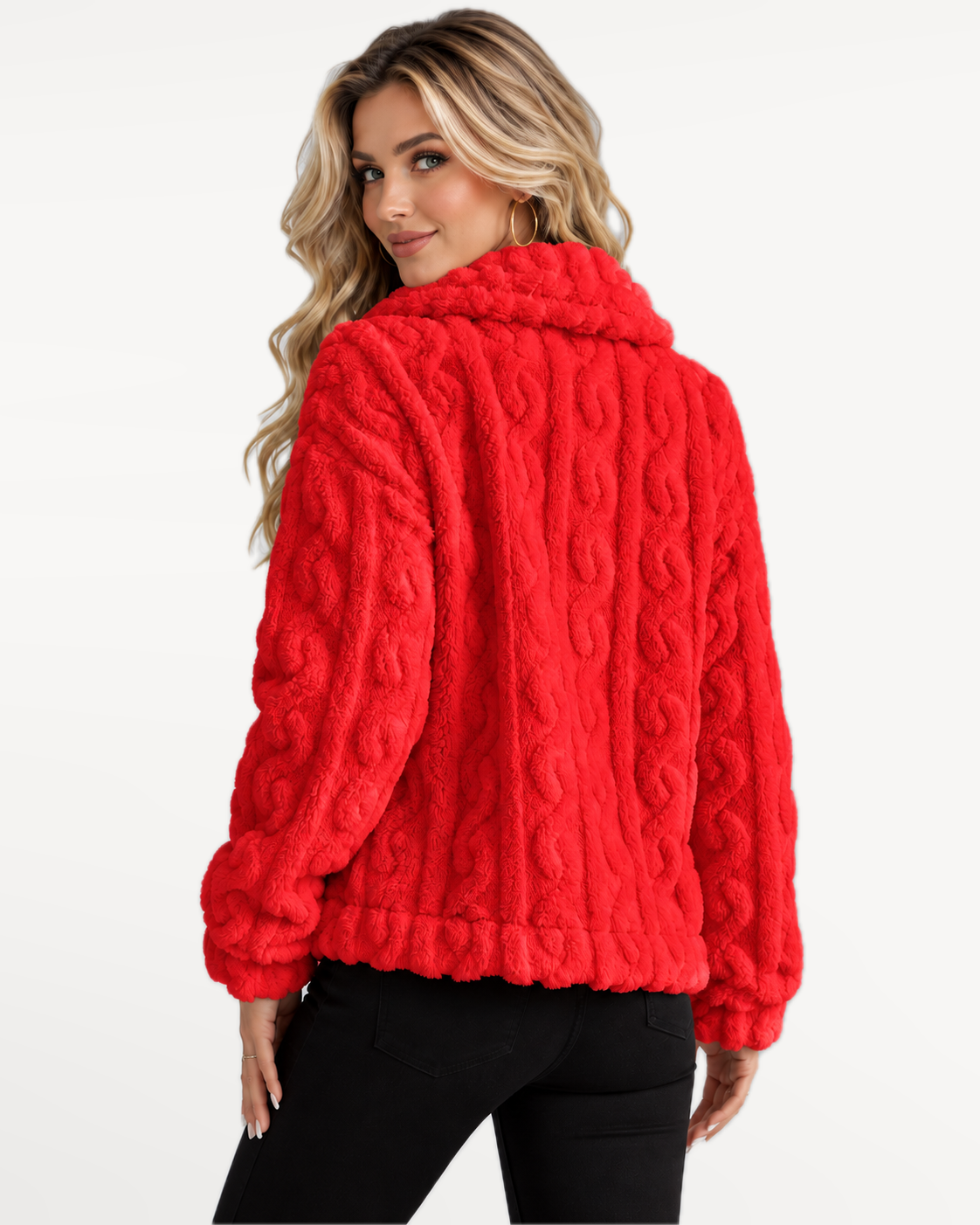 Odelle Plush Jacket in Red – back view | SKU: SOR-ODELLE-RED-XS,SOR-ODELLE-RED-S,SOR-ODELLE-RED-M,SOR-ODELLE-RED-L,SOR-ODELLE-RED-XL