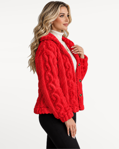 Odelle Plush Jacket in Red – three-quarter view | SKU: SOR-ODELLE-RED-XS,SOR-ODELLE-RED-S,SOR-ODELLE-RED-M,SOR-ODELLE-RED-L,SOR-ODELLE-RED-XL