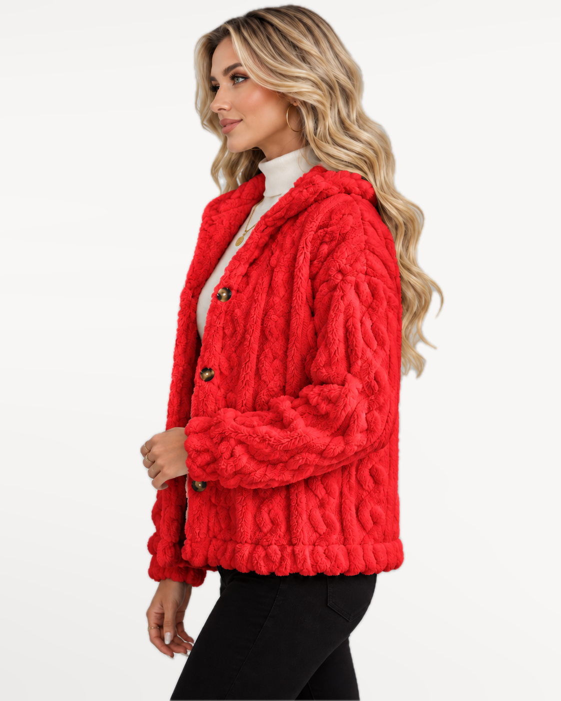 Odelle Plush Jacket in Red – side view | SKU: SOR-ODELLE-RED-XS,SOR-ODELLE-RED-S,SOR-ODELLE-RED-M,SOR-ODELLE-RED-L,SOR-ODELLE-RED-XL
