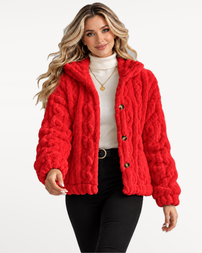 Odelle Plush Jacket in Red – walking, front view | SKU: SOR-ODELLE-RED-XS,SOR-ODELLE-RED-S,SOR-ODELLE-RED-M,SOR-ODELLE-RED-L,SOR-ODELLE-RED-XL