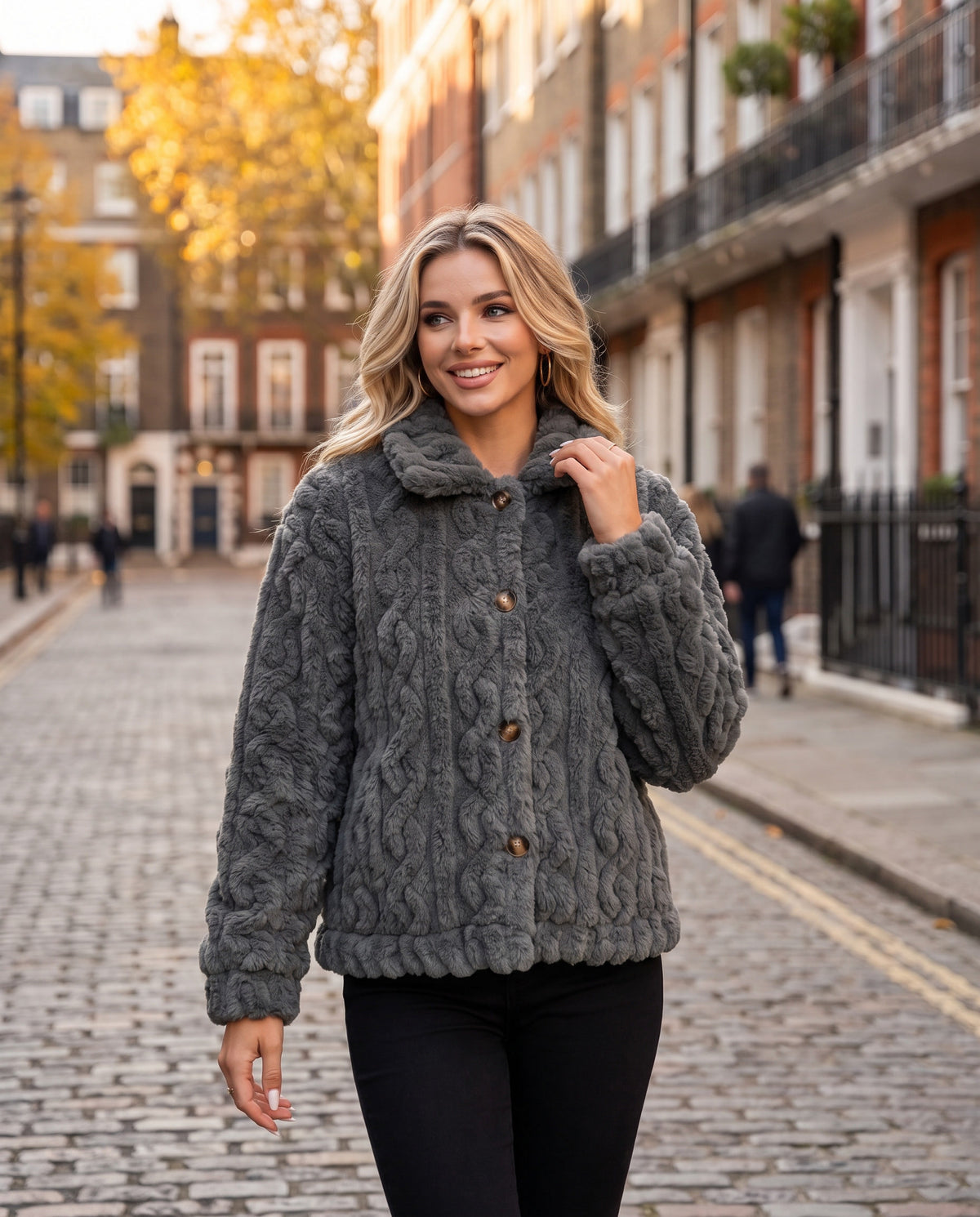 Odelle Plush Jacket in Gray – worn on a London street | SKU: SOR-ODELLE-GRA-XS,SOR-ODELLE-GRA-S,SOR-ODELLE-GRA-M,SOR-ODELLE-GRA-L,SOR-ODELLE-GRA-XL