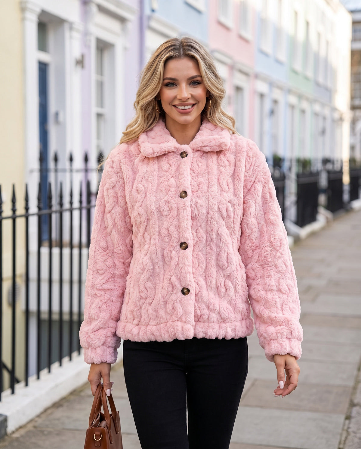 Odelle Plush Jacket in Pink – worn on a pastel London street | SKU: SOR-ODELLE-PIN-XS,SOR-ODELLE-PIN-S,SOR-ODELLE-PIN-M,SOR-ODELLE-PIN-L,SOR-ODELLE-PIN-XL