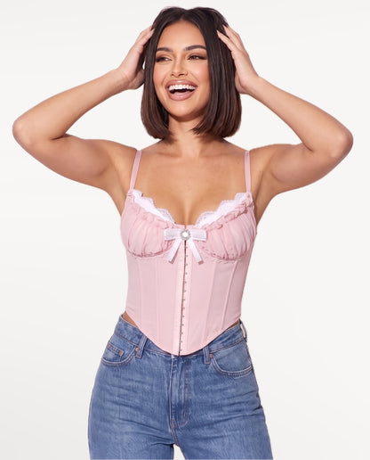 Odette Corset Top in Pink – emotional pose | SKU: SOR-ODETTE-PNK-XS,SOR-ODETTE-PNK-S,SOR-ODETTE-PNK-M,SOR-ODETTE-PNK-L,SOR-ODETTE-PNK-XL