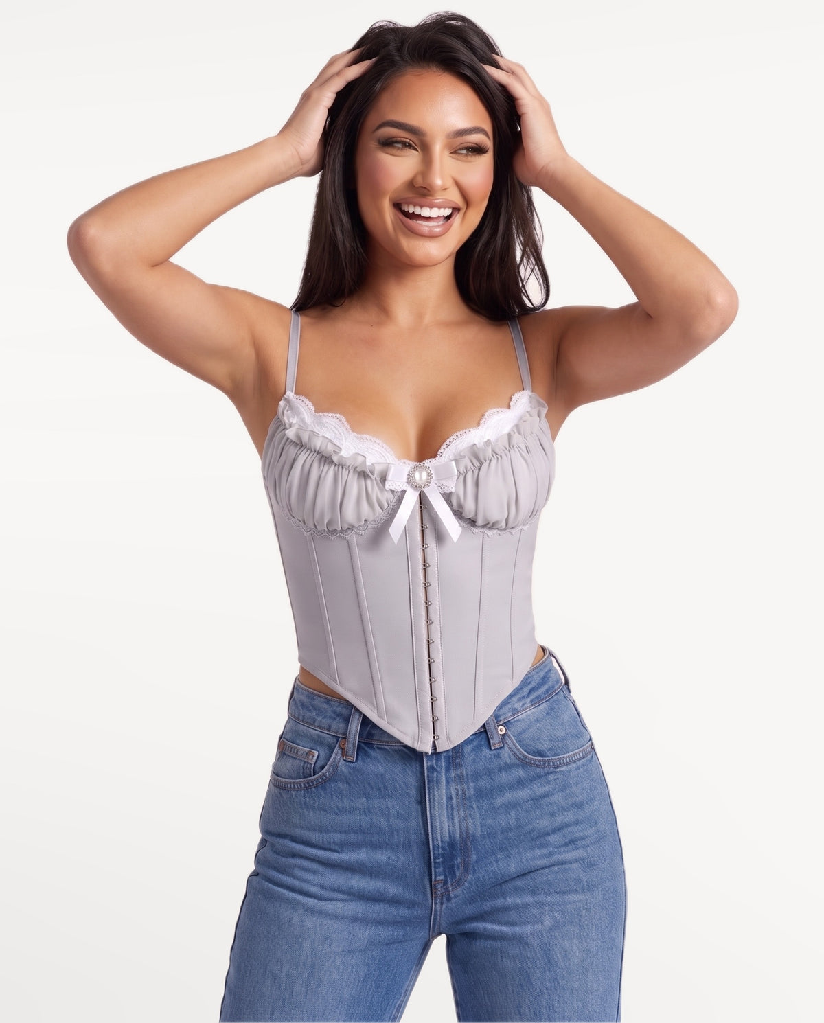 Odette Corset Top in Gray – emotional pose | SKU: SOR-ODETTE-GRY-XS,SOR-ODETTE-GRY-S,SOR-ODETTE-GRY-M,SOR-ODETTE-GRY-L,SOR-ODETTE-GRY-XL