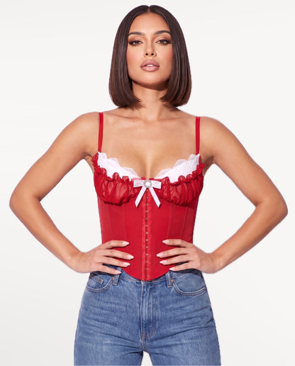 Odette Corset Top in Red – emotional pose | SKU: SOR-ODETTE-RED-XS,SOR-ODETTE-RED-S,SOR-ODETTE-RED-M,SOR-ODETTE-RED-L,SOR-ODETTE-RED-XL
