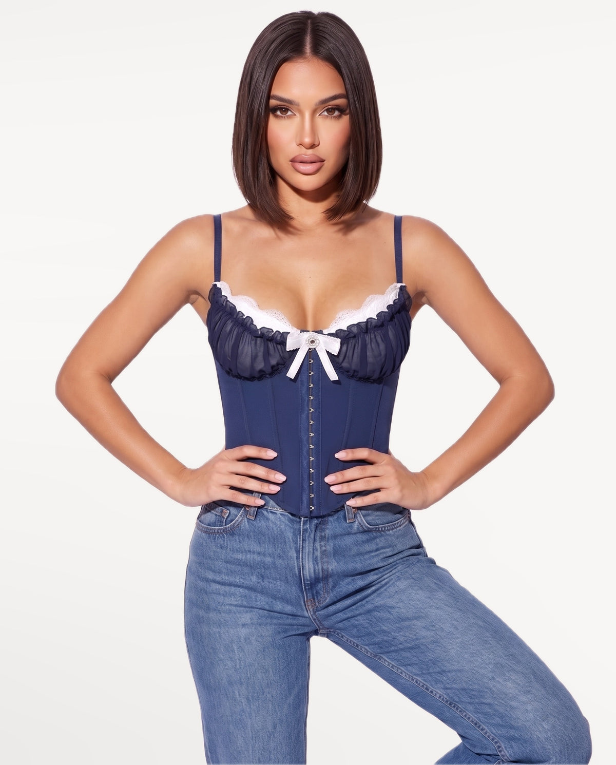 Odette Corset Top in Navy Blue – emotional pose | SKU: SOR-ODETTE-NAV-XS,SOR-ODETTE-NAV-S,SOR-ODETTE-NAV-M,SOR-ODETTE-NAV-L,SOR-ODETTE-NAV-XL