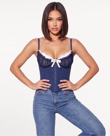 Odette Corset Top in Navy Blue – emotional pose | SKU: SOR-ODETTE-NAV-XS,SOR-ODETTE-NAV-S,SOR-ODETTE-NAV-M,SOR-ODETTE-NAV-L,SOR-ODETTE-NAV-XL