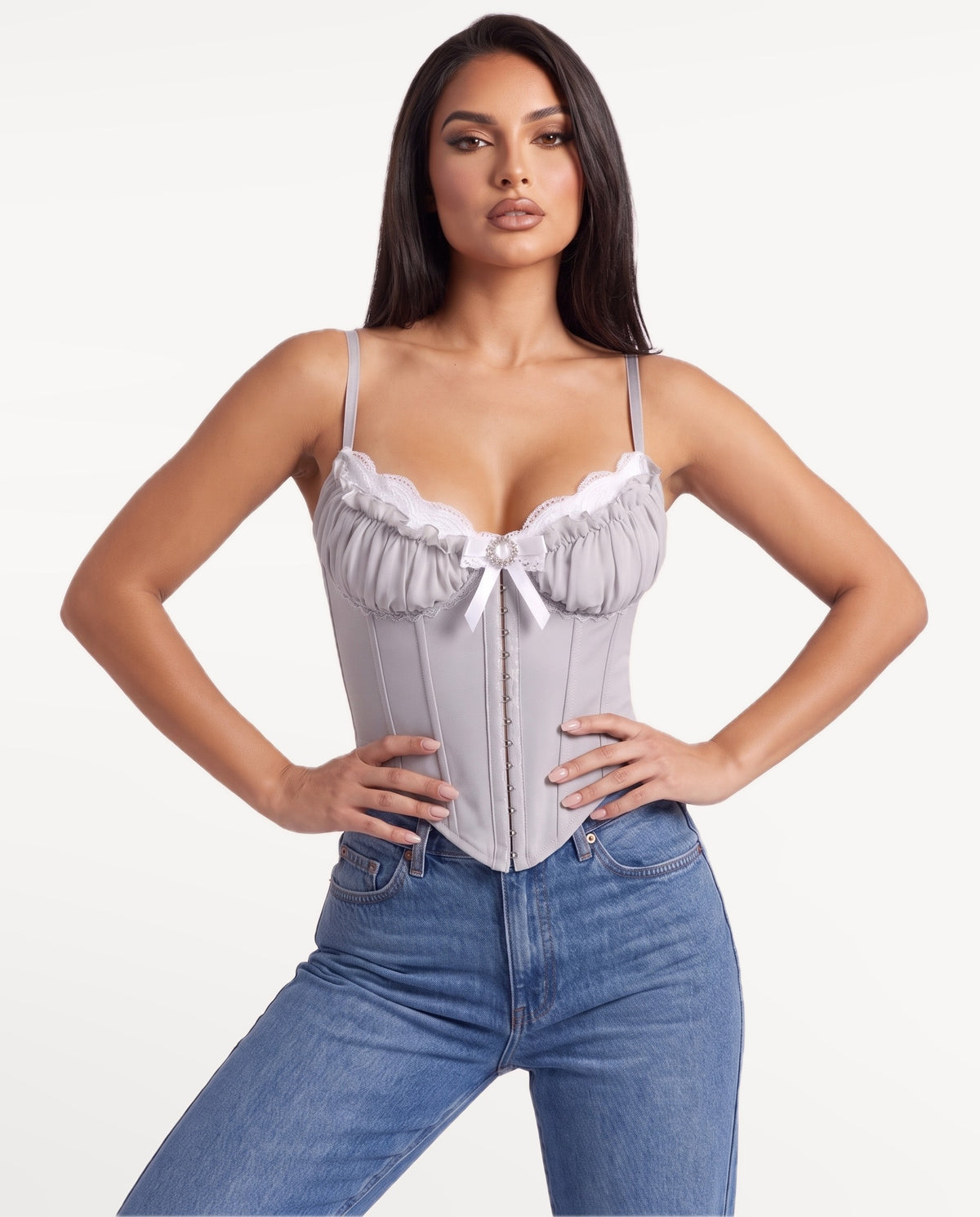 Odette Corset Top in Gray – emotional pose | SKU: SOR-ODETTE-GRY-XS,SOR-ODETTE-GRY-S,SOR-ODETTE-GRY-M,SOR-ODETTE-GRY-L,SOR-ODETTE-GRY-XL