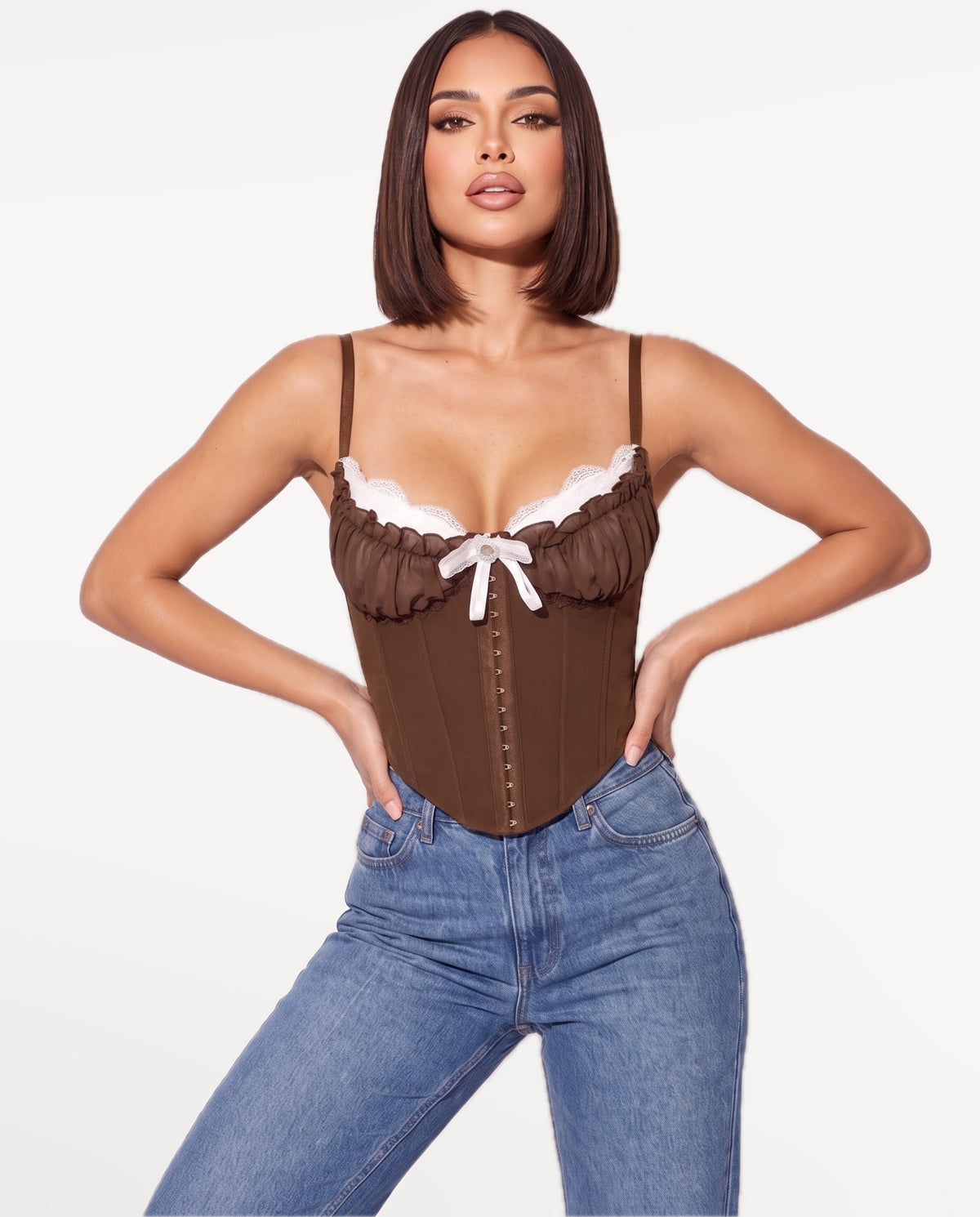 Odette Corset Top in Brown – emotional pose | SKU: SOR-ODETTE-BRN-XS,SOR-ODETTE-BRN-S,SOR-ODETTE-BRN-M,SOR-ODETTE-BRN-L,SOR-ODETTE-BRN-XL