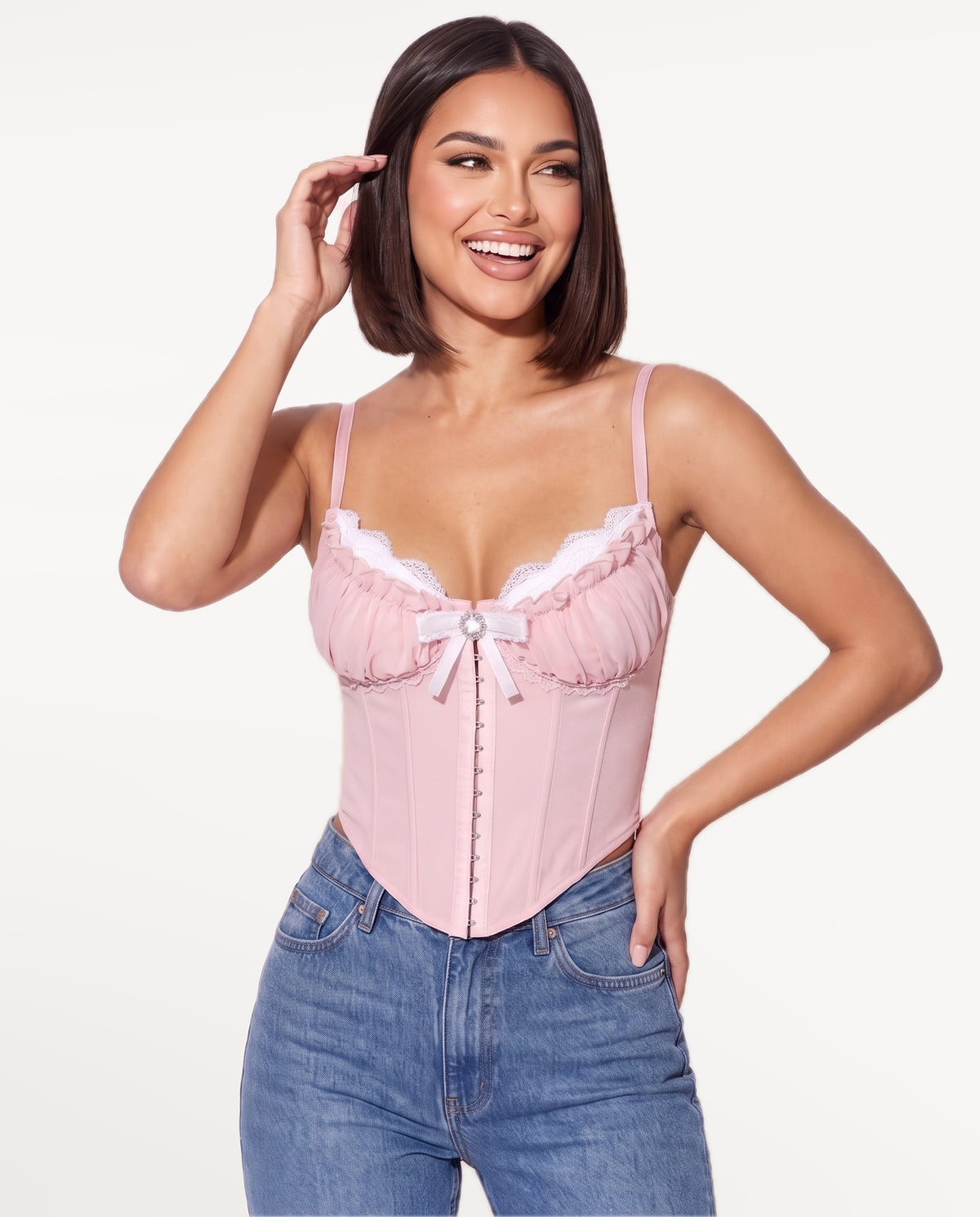 Odette Corset Top in Pink – emotional pose | SKU: SOR-ODETTE-PNK-XS,SOR-ODETTE-PNK-S,SOR-ODETTE-PNK-M,SOR-ODETTE-PNK-L,SOR-ODETTE-PNK-XL