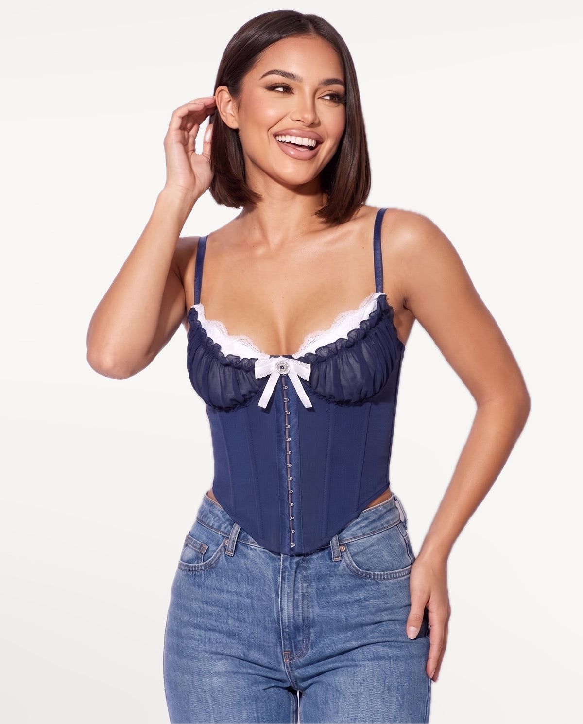 Odette Corset Top in Navy Blue – emotional pose | SKU: SOR-ODETTE-NAV-XS,SOR-ODETTE-NAV-S,SOR-ODETTE-NAV-M,SOR-ODETTE-NAV-L,SOR-ODETTE-NAV-XL