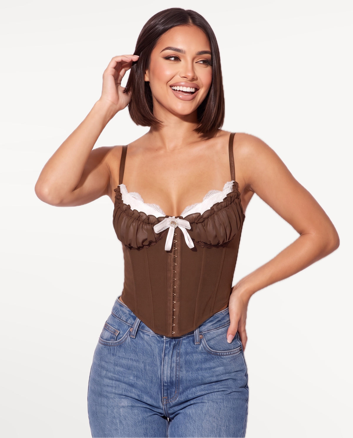 Odette Corset Top in Brown – emotional pose | SKU: SOR-ODETTE-BRN-XS,SOR-ODETTE-BRN-S,SOR-ODETTE-BRN-M,SOR-ODETTE-BRN-L,SOR-ODETTE-BRN-XL