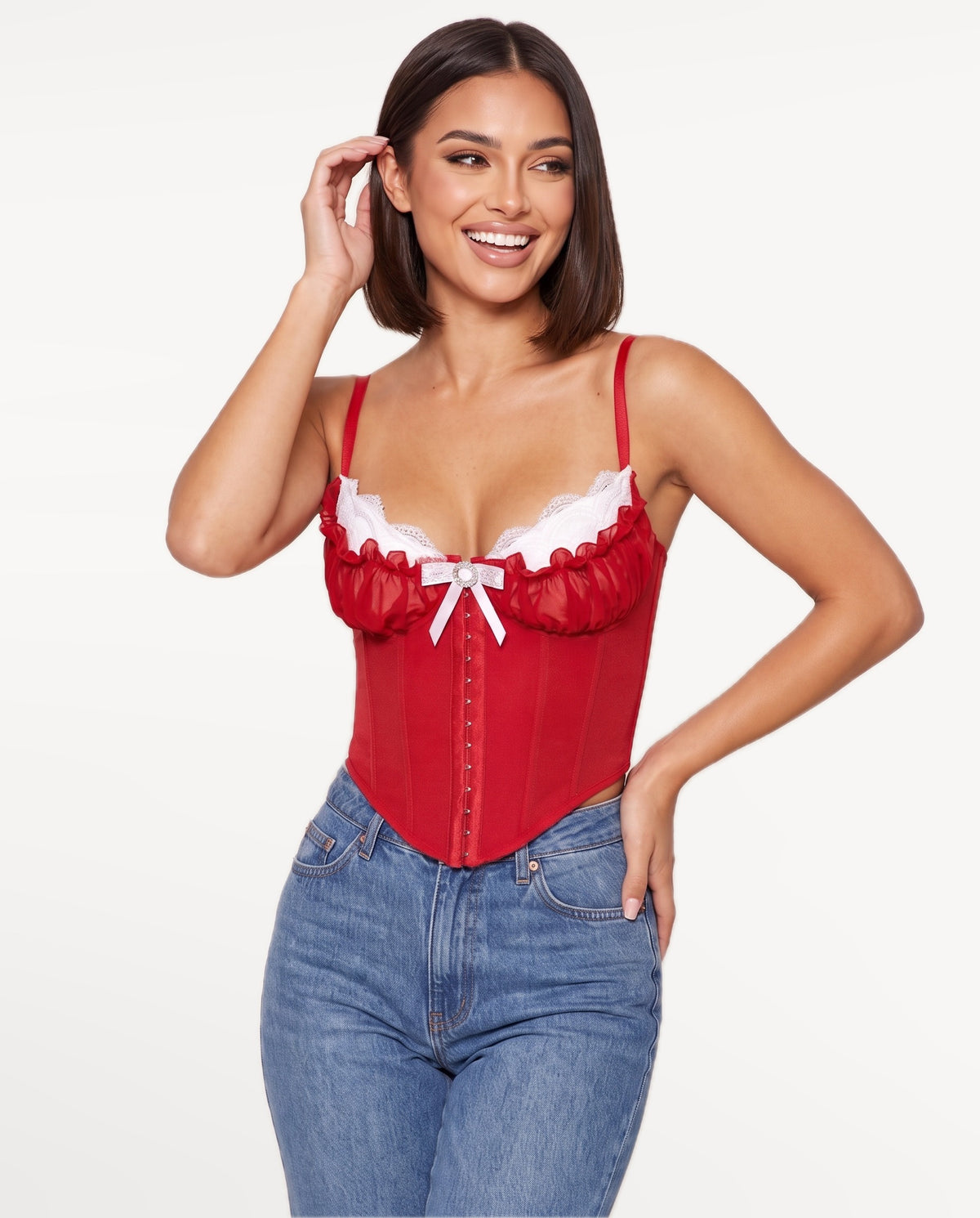 Odette Corset Top in Red – emotional pose | SKU: SOR-ODETTE-RED-XS,SOR-ODETTE-RED-S,SOR-ODETTE-RED-M,SOR-ODETTE-RED-L,SOR-ODETTE-RED-XL