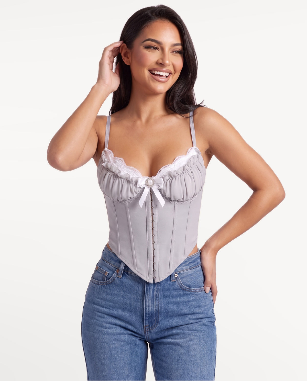 Odette Corset Top in Gray – emotional pose | SKU: SOR-ODETTE-GRY-XS,SOR-ODETTE-GRY-S,SOR-ODETTE-GRY-M,SOR-ODETTE-GRY-L,SOR-ODETTE-GRY-XL