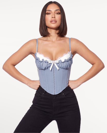 Odette Corset Top in Blue – emotional pose | SKU: SOR-ODETTE-DBL-XS,SOR-ODETTE-DBL-S,SOR-ODETTE-DBL-M,SOR-ODETTE-DBL-L,SOR-ODETTE-DBL-XL