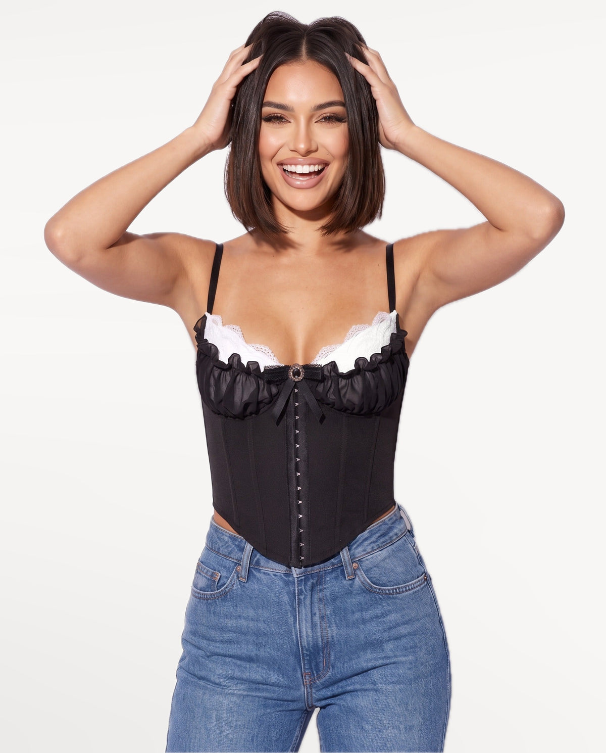 Odette Corset Top in Black – emotional pose | SKU: SOR-ODETTE-BLK-XS,SOR-ODETTE-BLK-S,SOR-ODETTE-BLK-M,SOR-ODETTE-BLK-L,SOR-ODETTE-BLK-XL
