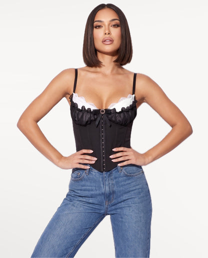 Odette Corset Top in Black – emotional pose | SKU: SOR-ODETTE-BLK-XS,SOR-ODETTE-BLK-S,SOR-ODETTE-BLK-M,SOR-ODETTE-BLK-L,SOR-ODETTE-BLK-XL