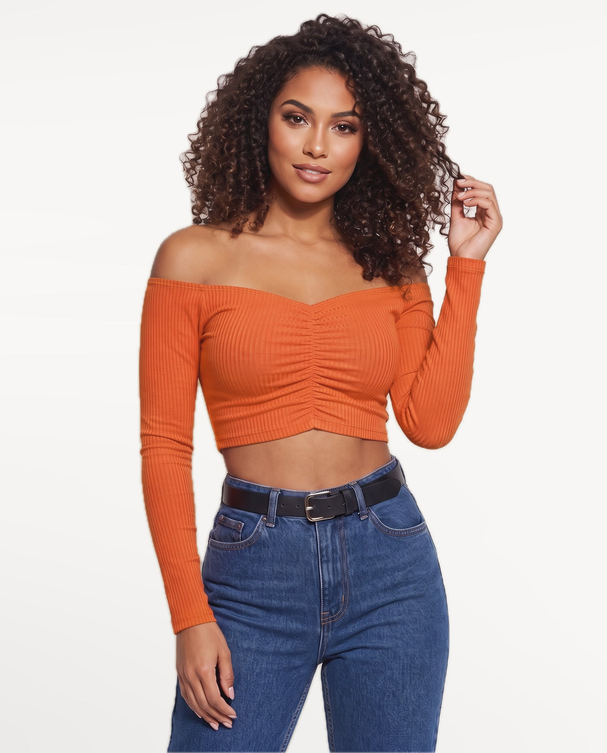 Rosa Bardot Top in Orange – front view