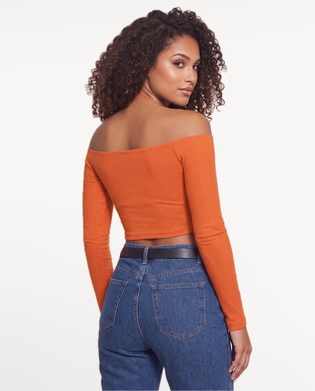 Rosa Bardot Top in Orange – back view | SKU: SOR-ROSA-ORG-XS,SOR-ROSA-ORG-S,SOR-ROSA-ORG-M,SOR-ROSA-ORG-L,SOR-ROSA-ORG-XL