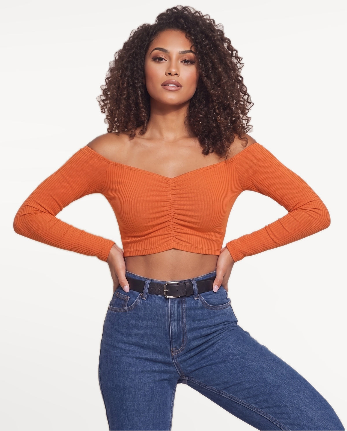 Rosa Bardot Top in Orange – emotional pose | SKU: SOR-ROSA-ORG-XS,SOR-ROSA-ORG-S,SOR-ROSA-ORG-M,SOR-ROSA-ORG-L,SOR-ROSA-ORG-XL