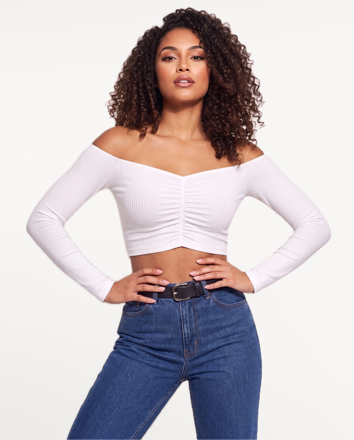 Rosa Bardot Top in White – emotional pose | SKU: SOR-ROSA-WHT-XS,SOR-ROSA-WHT-S,SOR-ROSA-WHT-M,SOR-ROSA-WHT-L,SOR-ROSA-WHT-XL