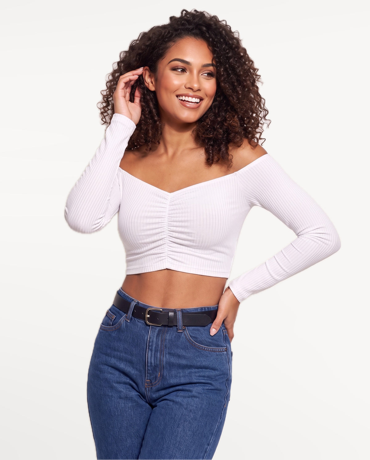 Rosa Bardot Top in White – emotional pose | SKU: SOR-ROSA-WHT-XS,SOR-ROSA-WHT-S,SOR-ROSA-WHT-M,SOR-ROSA-WHT-L,SOR-ROSA-WHT-XL