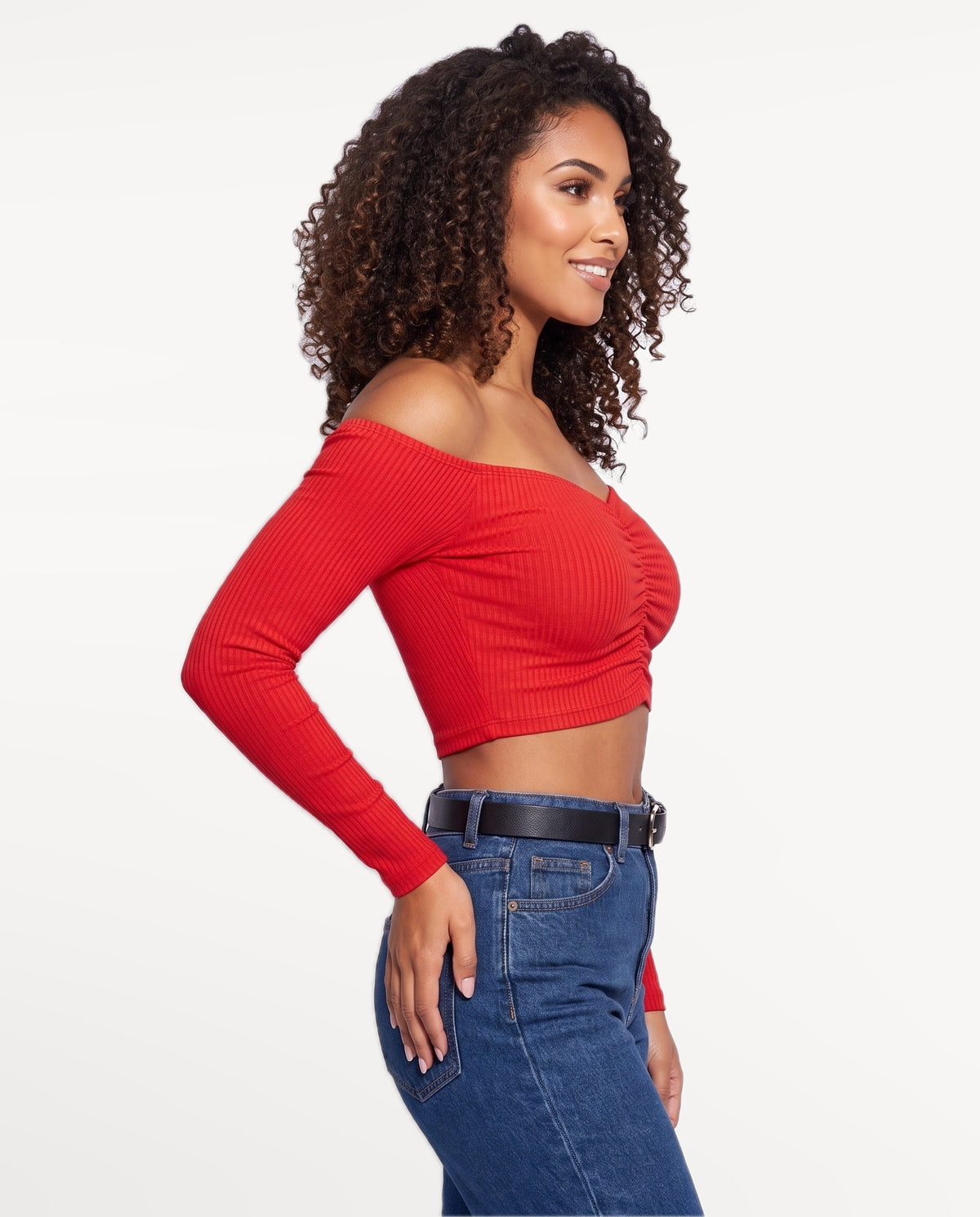 Rosa Bardot Top in Red – side view | SKU: SOR-ROSA-RED-XS,SOR-ROSA-RED-S,SOR-ROSA-RED-M,SOR-ROSA-RED-L,SOR-ROSA-RED-XL