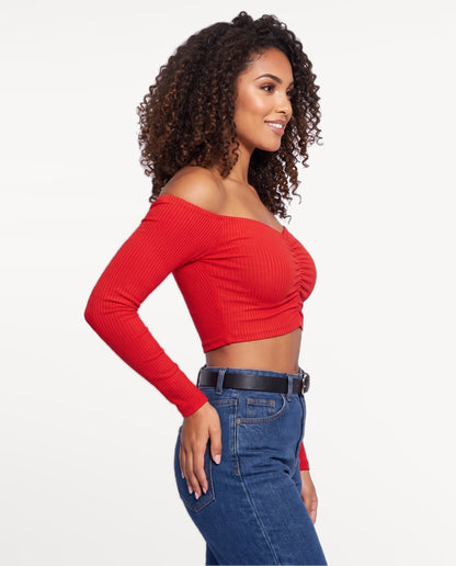 Rosa Bardot Top in Red – side view | SKU: SOR-ROSA-RED-XS,SOR-ROSA-RED-S,SOR-ROSA-RED-M,SOR-ROSA-RED-L,SOR-ROSA-RED-XL
