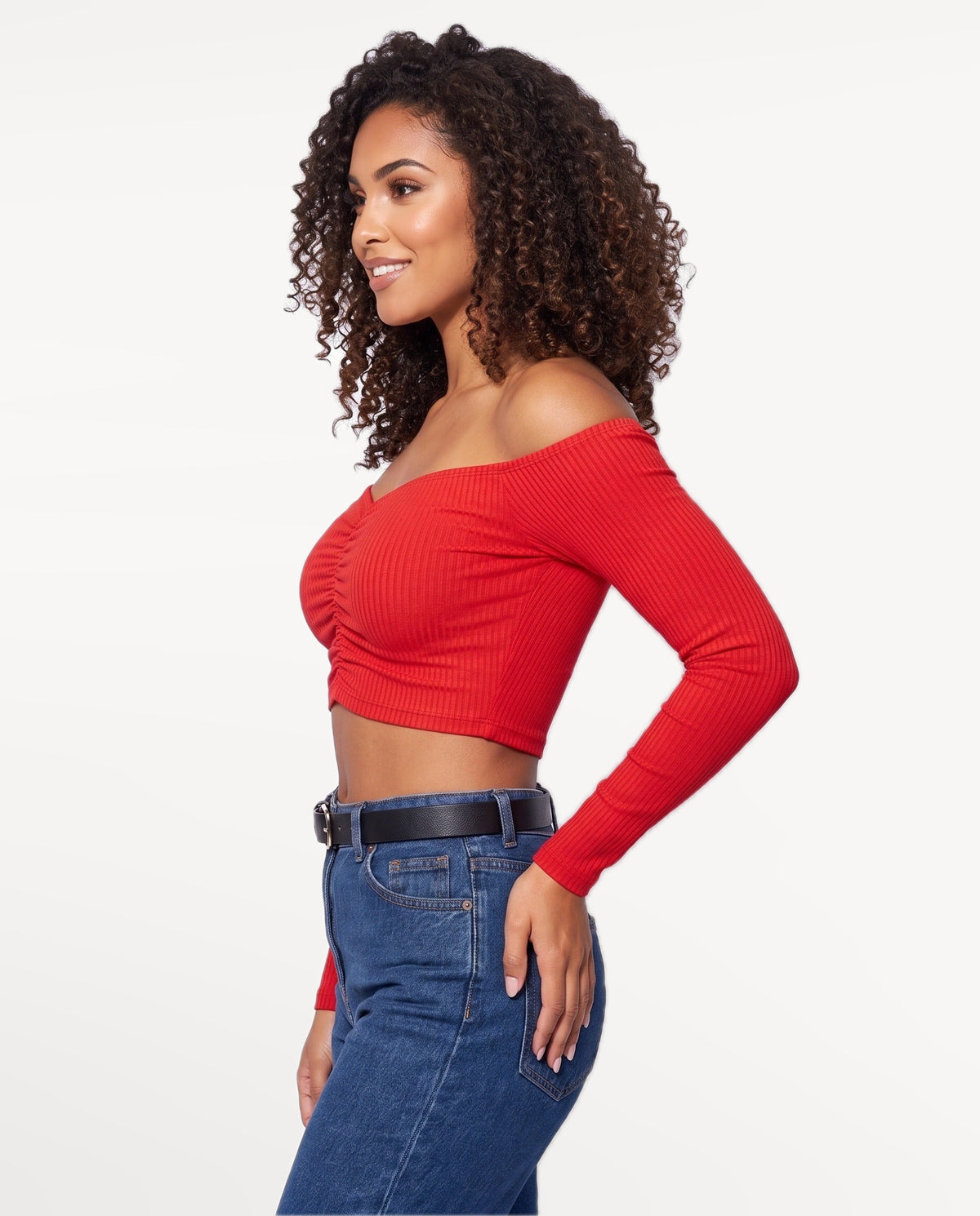 Rosa Bardot Top in Red – side view | SKU: SOR-ROSA-RED-XS,SOR-ROSA-RED-S,SOR-ROSA-RED-M,SOR-ROSA-RED-L,SOR-ROSA-RED-XL