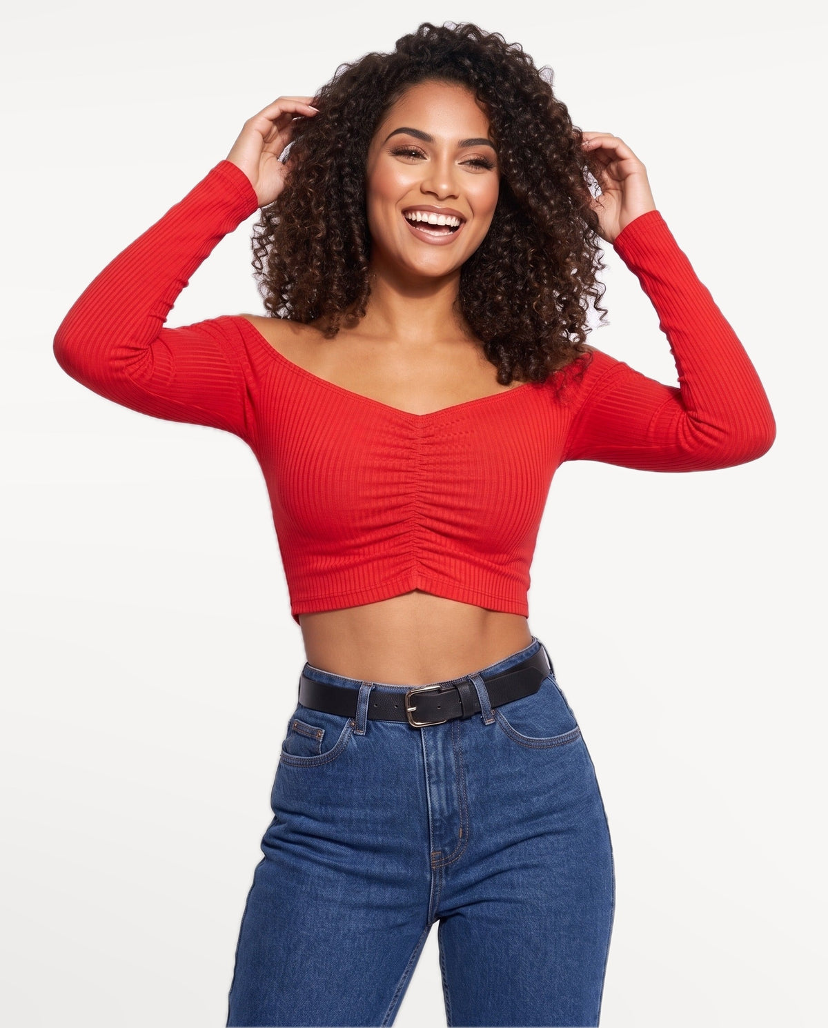Rosa Bardot Top in Red – emotional pose | SKU: SOR-ROSA-RED-XS,SOR-ROSA-RED-S,SOR-ROSA-RED-M,SOR-ROSA-RED-L,SOR-ROSA-RED-XL